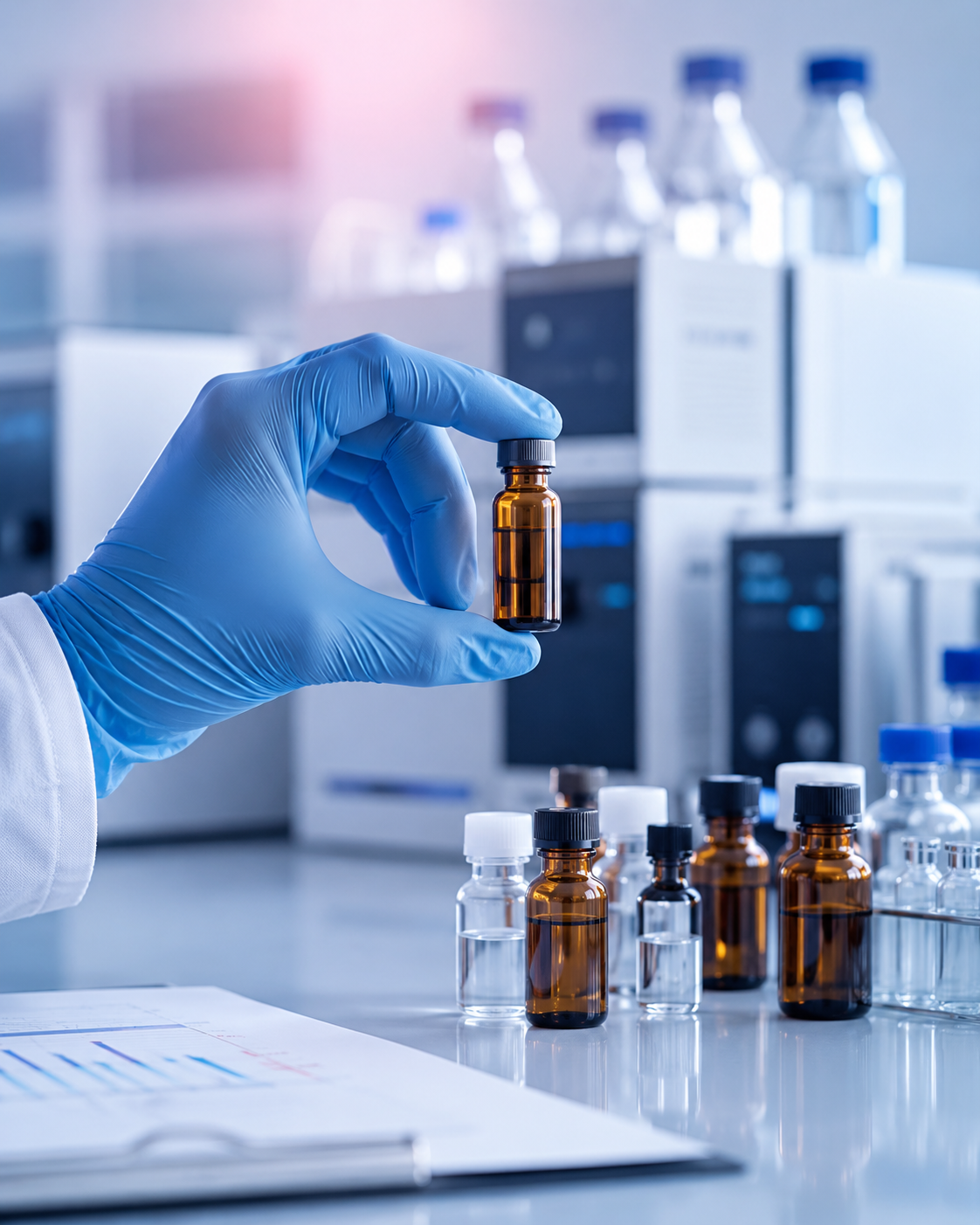 Gloved hand holding an amber pesticide reference vial