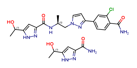 5-(1-hydroxyethyl)-1H-pyrazole-3-carboxamide compound with N-((S)-1-(3-(4-carbamoyl-3-chlorophenyl)-
